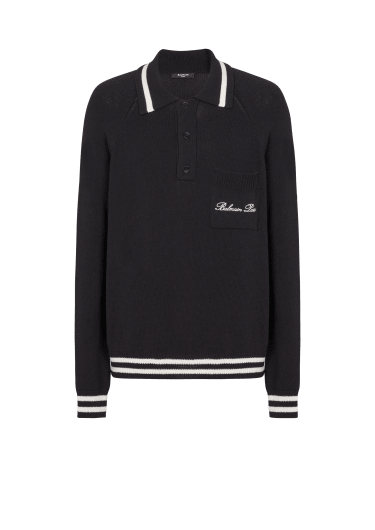 Long-sleeved wool polo shirt with Balmain Signature embroidery