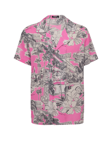 마이애미 프린트 장식 실크 소재 쇼트 슬리브 파자마 셔츠