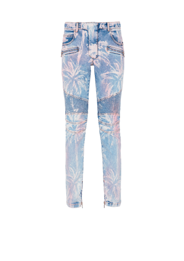 Denim biker jeans with a palm tree print