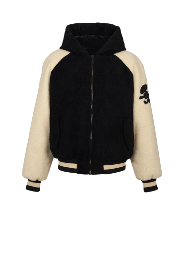 Reversible varsity-style puffer jacket with hood