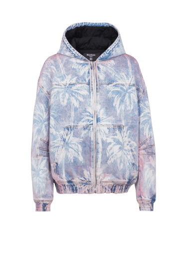 Bomber en denim imprimé Palmier à capuche