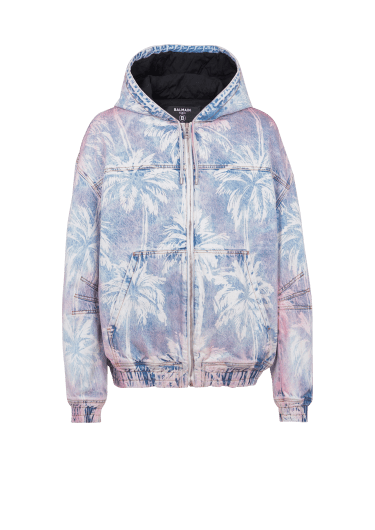 Denim hooded bomber jacket with palm tree print