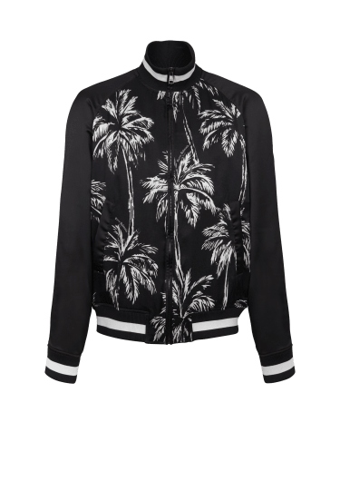 Printed satin palm tree bomber jacket