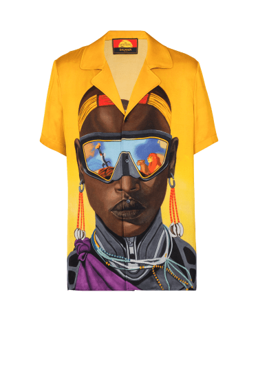 Disney x Balmain: El Rey León - Camisa pijamera de satén con estampado de Nika Mtwana