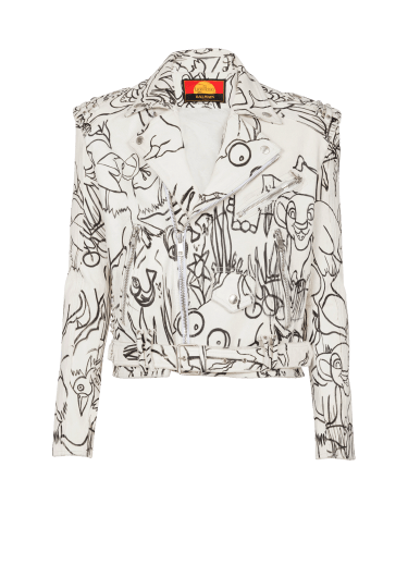 Disney x Balmain: The Lion King - Leather biker jacket with Enfant Précoce print