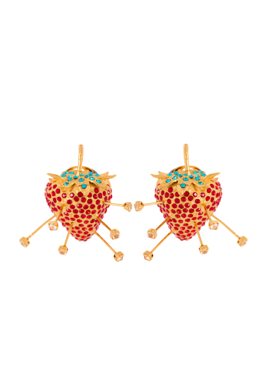 Strawberry earrings with brass studs and rhinestones