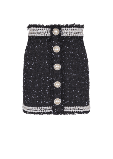 Short embroidered polka-dot tweed skirt