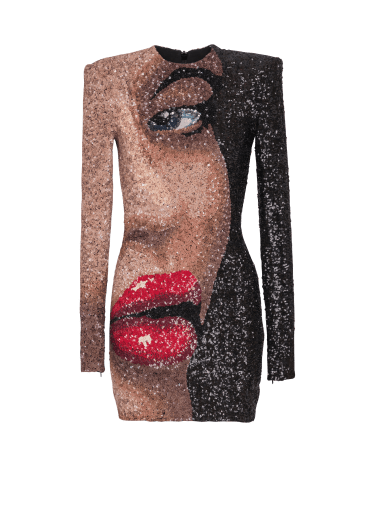 Short embroidered dress with Face motif