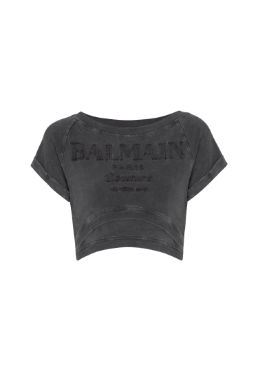 Kurzes T-Shirt mit Balmain Couture-Stickerei