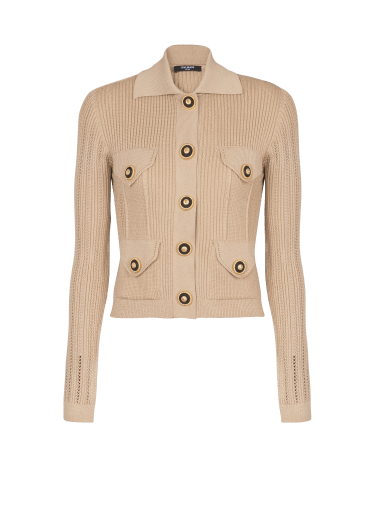 Cropped ribbed knit cardigan with openwork details