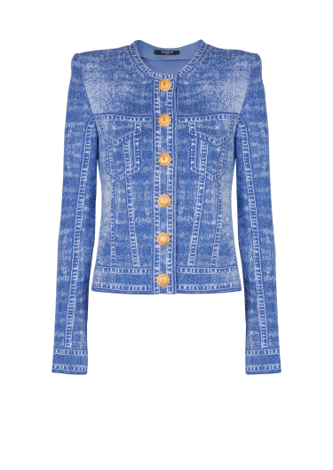 Cardigan en maille jacquard avec trompe-l'œil Denim