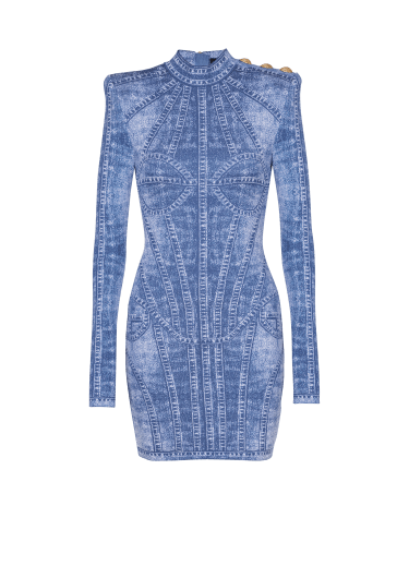Robe courte en maille jacquard avec trompe-l'œil Denim
