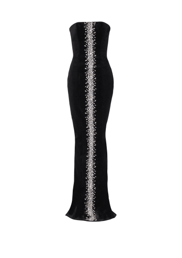 Long embroidered velvet bustier dress