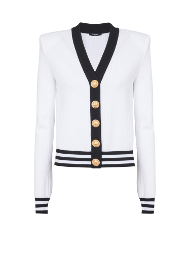 Two-tone monogrammed knit cardigan