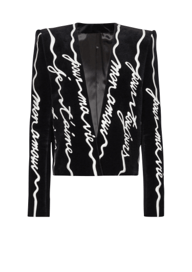 Cropped velvet jacket with all-over "Love Letter" embroidery