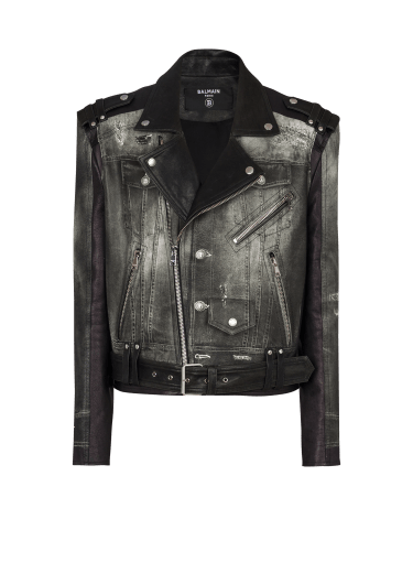 Leather biker jacket with denim print