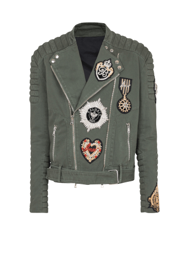 Denim biker jacket with embroidered patches