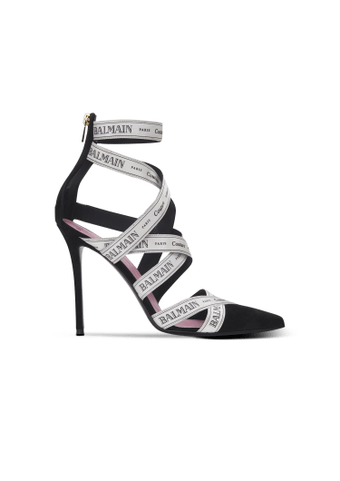 Couture suede heels with Balmain ribbon motif