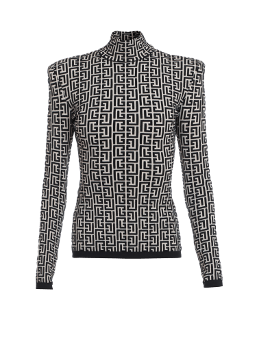 Bicolor jacquard bodysuit with Balmain monogram black - Women