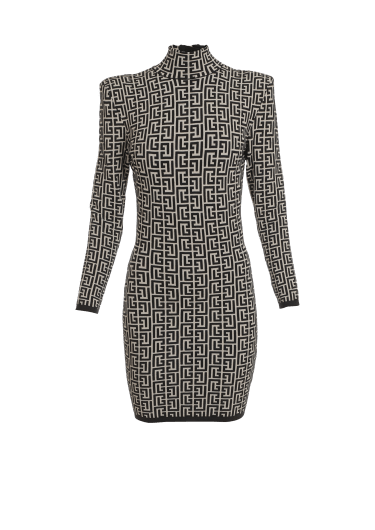 Short bicolor jacquard knit dress with Balmain monogram