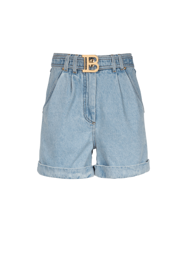 Eco-designed denim high-waisted shorts with Balmain buckle