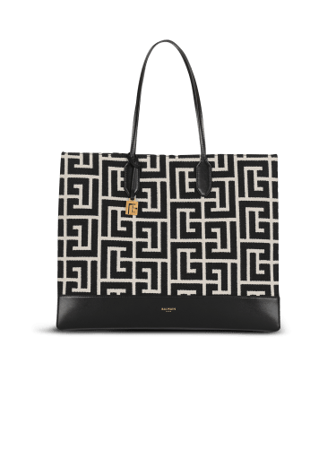 Large-sized bicolor ivory and black jacquard Folded Shopping Bag