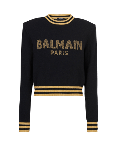 Cropped-Sweatshirt aus Wolle mit goldfarbenem Balmain Logo