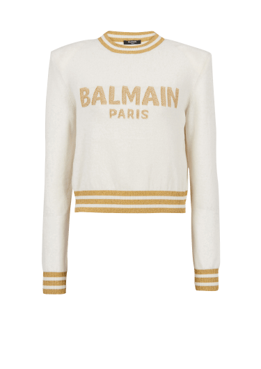 Sudadera corta de lana con el logotipo de Balmain en dorado