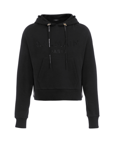 Cropped eco-designed cotton sweatshirt with rhinestone Balmain logo