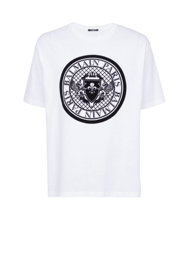 Balmain 플로킹 가공 로고 디테일 코튼 티셔츠