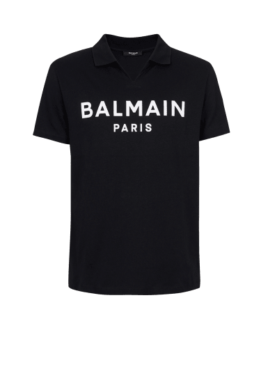 블랙 Balmain 로고 프린트 디테일 코튼 폴로 셔츠