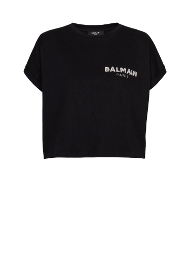 Cropped cotton T-shirt with small embroidered Balmain logo