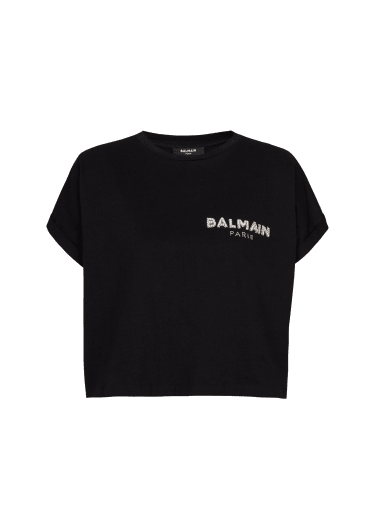 Cropped cotton T-shirt with small embroidered Balmain logo