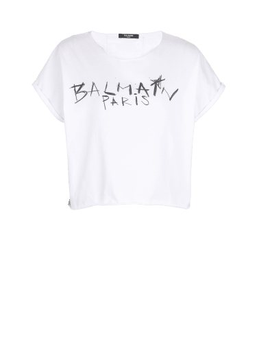 Cropped cotton T-shirt with Balmain graffiti print