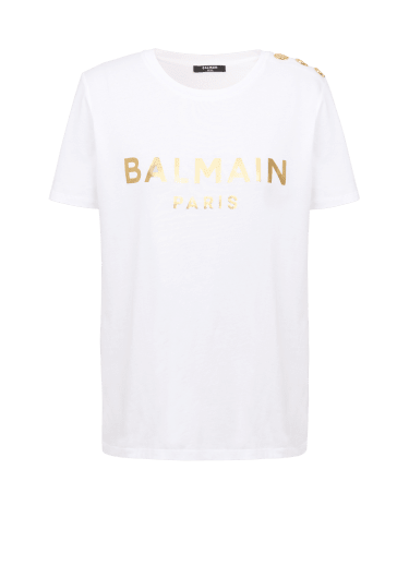 Camiseta de algodón con logotipo de Balmain estampado en dorado