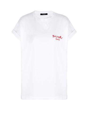 Cotton T-shirt with small flocked graffiti Balmain logo