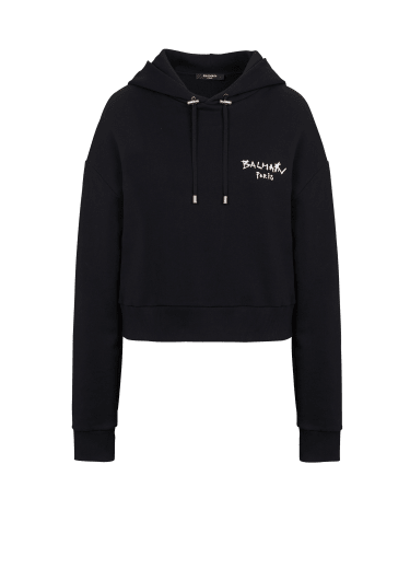 Cropped-Sweatshirt aus Bio-Baumwolle mit geflocktem Balmain-Graffiti-Logo