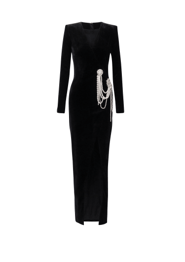 Long velvet dress with embroidery