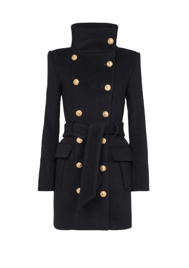 Manteau long en laine à double boutonnage doré
