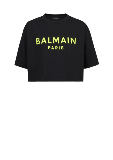 Camiseta cropped de algodón con logotipo de Balmain estampado