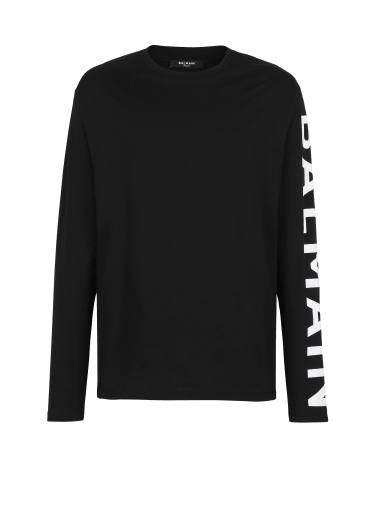 Long-sleeved cotton T-shirt with Balmain signature on sleeve