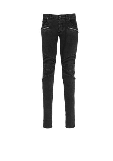Slim cut ridged faded cotton jeans with Balmain monogram hem