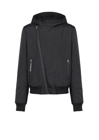 Zipped bomber jacket with nylon hood