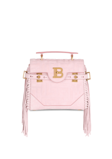 Rosafarbene B-Buzz 23 Tasche aus geprägtem Veloursleder mit Fransen