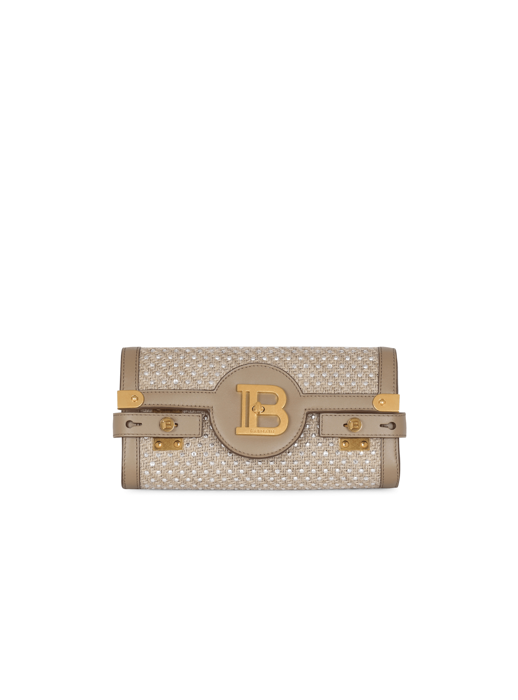 balmain.com | B-Buzz 23 raffia clutch bag with rhinestones