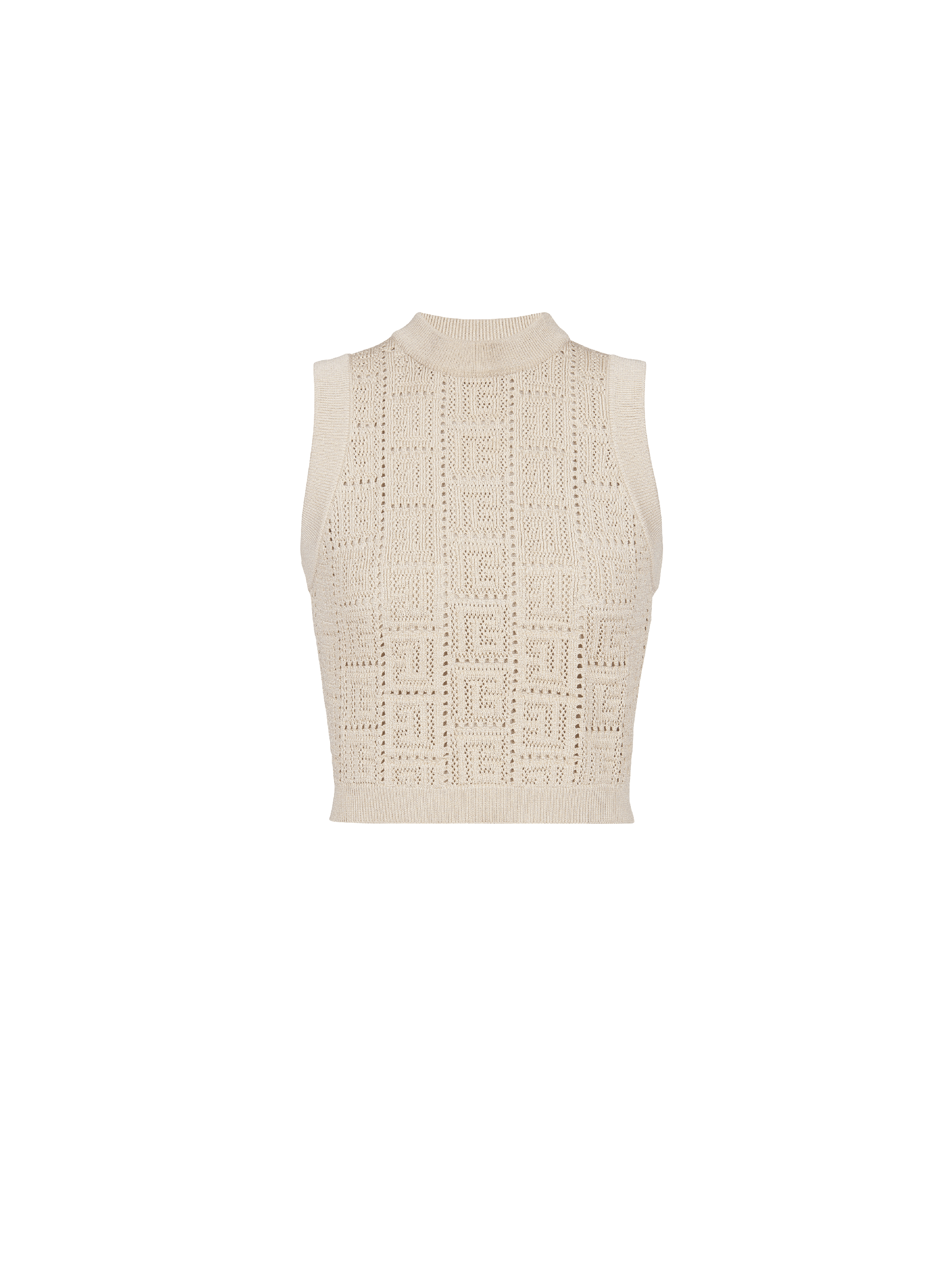 Monogrammed openwork knit top, beige, hi-res