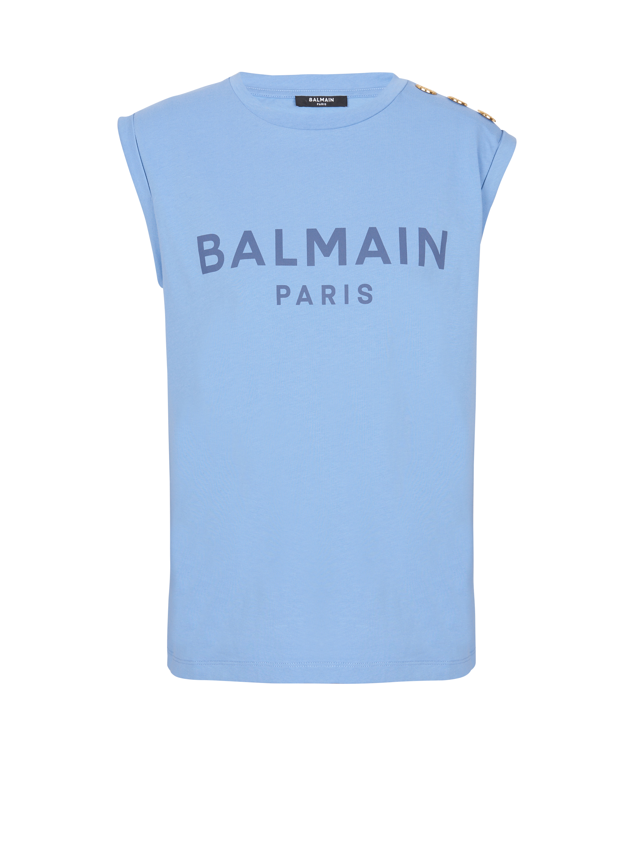 Camiseta sin mangas con logotipo de Balmain estampado, azul, hi-res