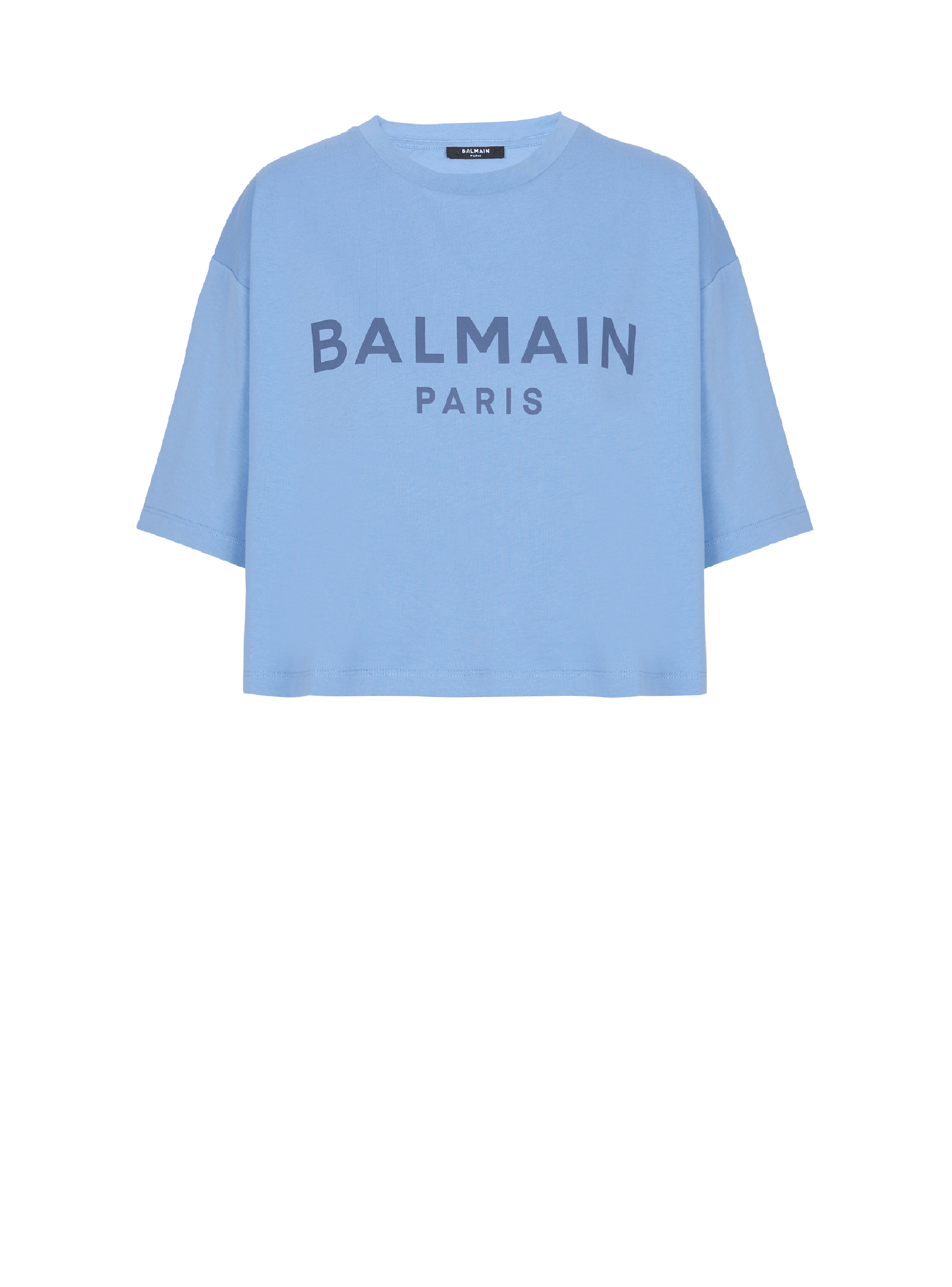 Cropped printed Balmain logo T-shirt, blue, hi-res