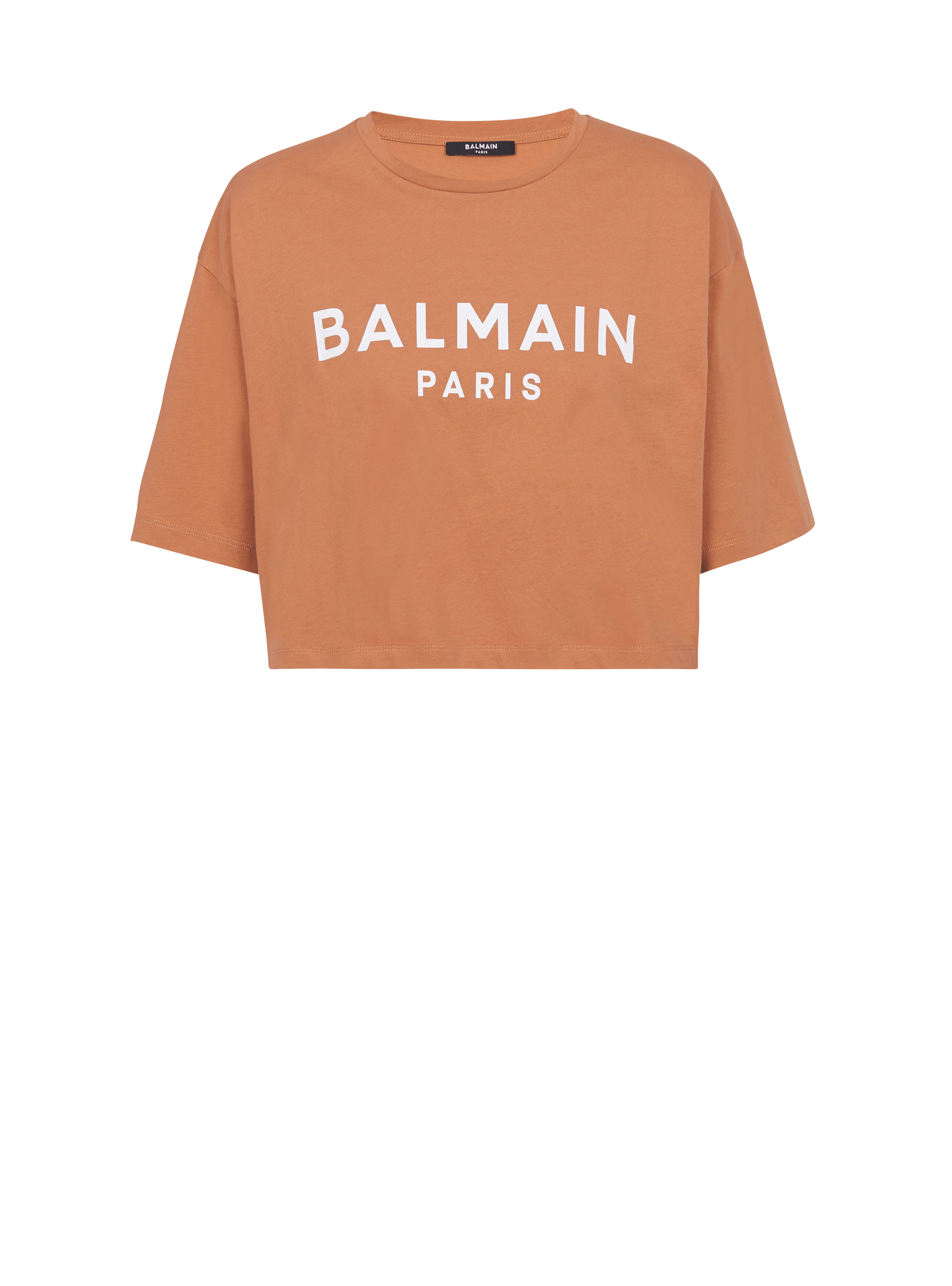 Camiseta corta con logotipo de Balmain estampado, marrón, hi-res