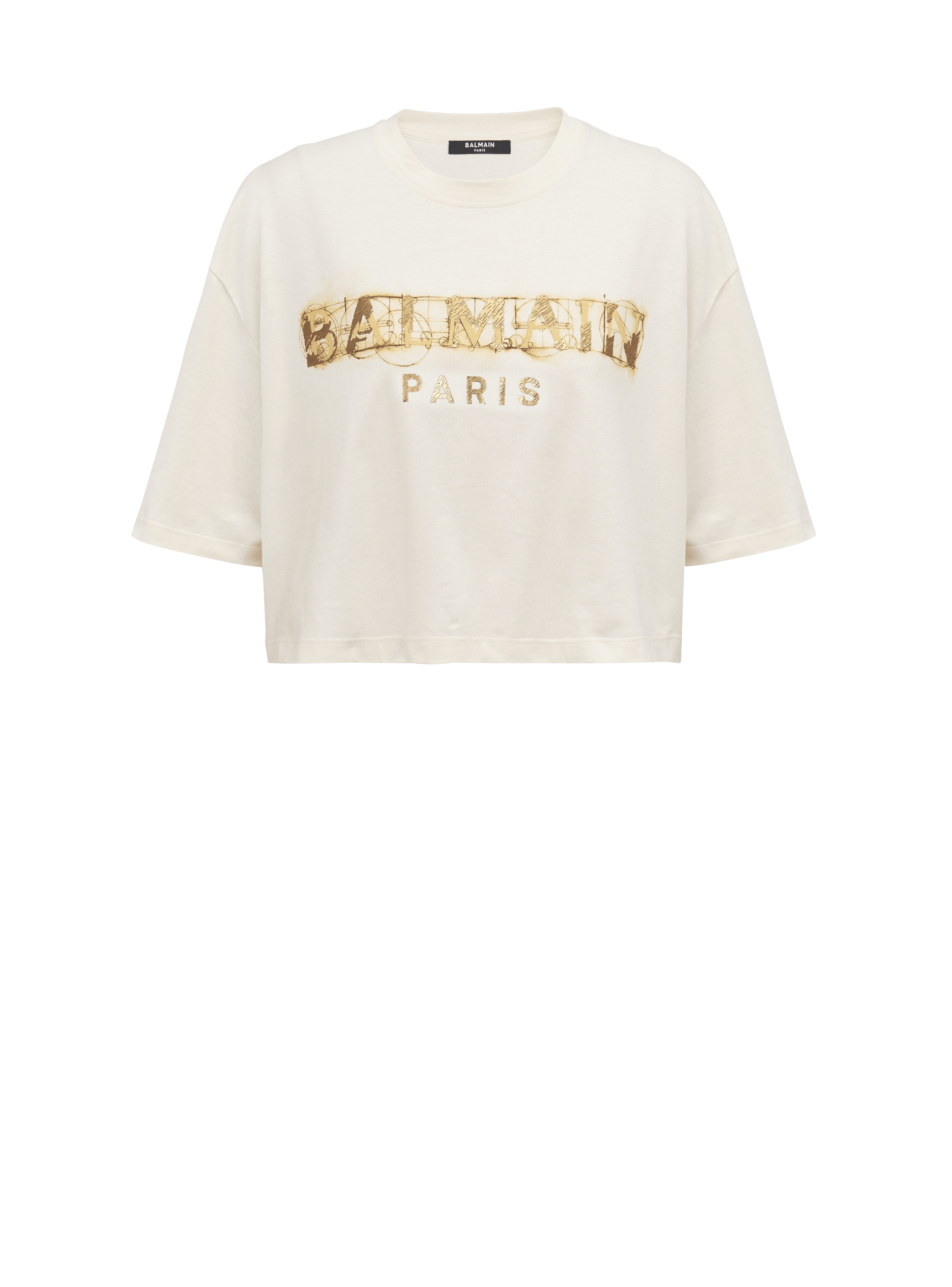 Cropped metallic Balmain print T-shirt, beige, hi-res